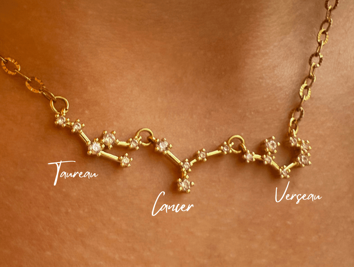 Collier constellations porté avec signes astrologiques nommés